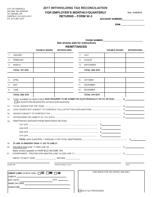 Form W-3 Withholding Tax Reconciliation for Employer&#039;s Monthly/Quarterly Returns - City of Fairfield, Ohio, 2017