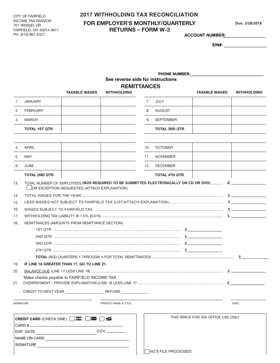 Form W-3 Withholding Tax Reconciliation for Employers Monthly / Quarterly Returns - City of Fairfield, Ohio, Page 1