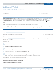 Form 50-126 Tax Deferral Affidavit - Age 65 or Older or Disabled Homeowner - Texas