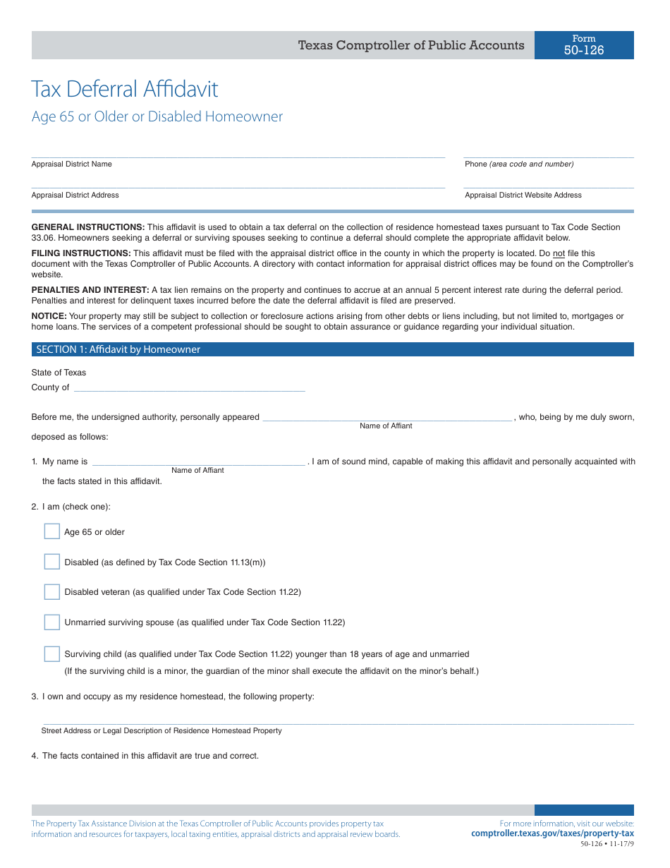 Form 50-126 Tax Deferral Affidavit - Age 65 or Older or Disabled Homeowner - Texas, Page 1