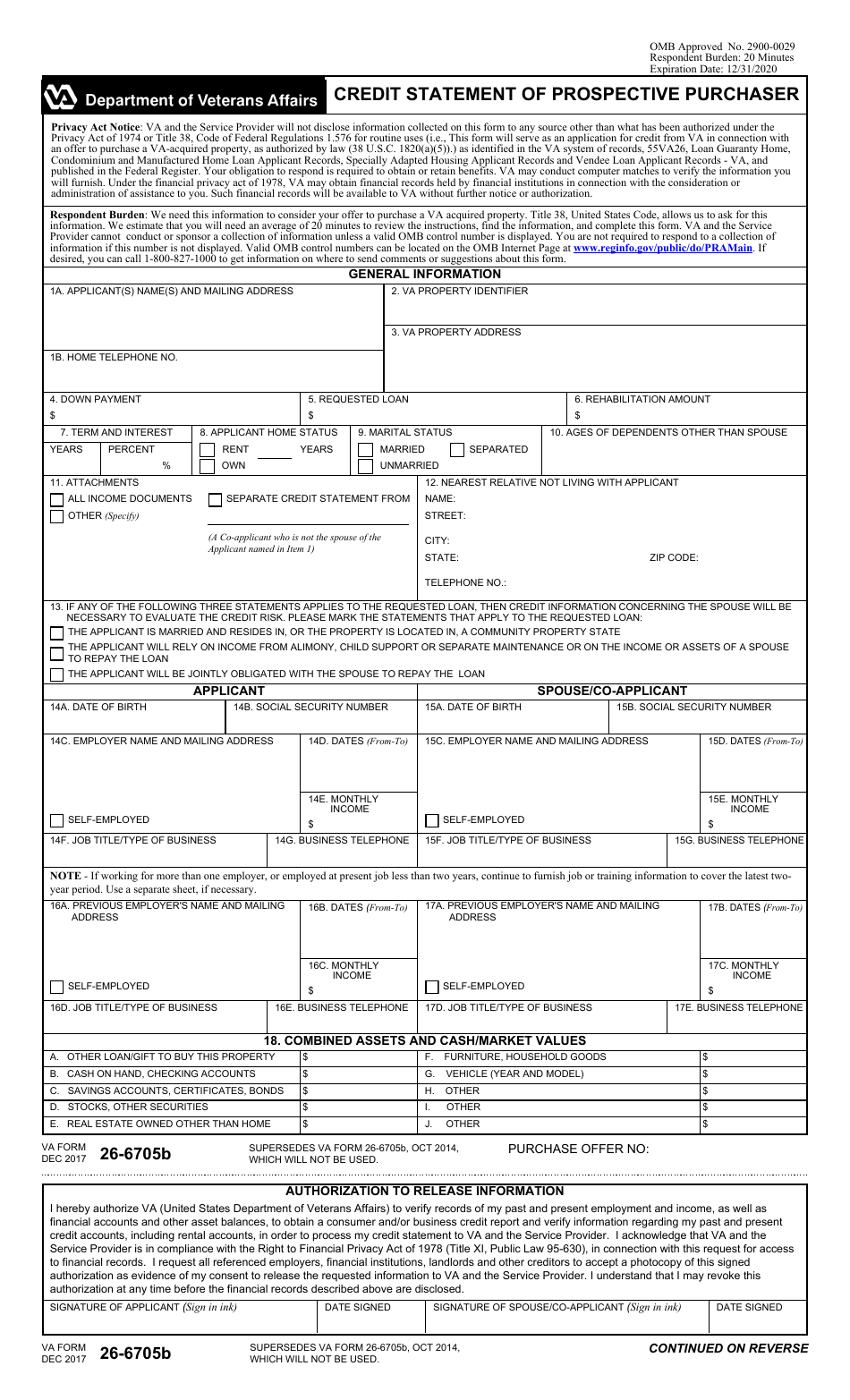 VA Form 26-6705b Credit Statement of Prospective Purchaser, Page 1
