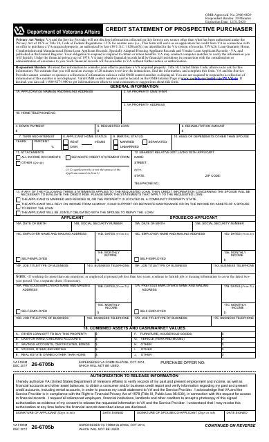 VA Form 26-6705b Credit Statement of Prospective Purchaser