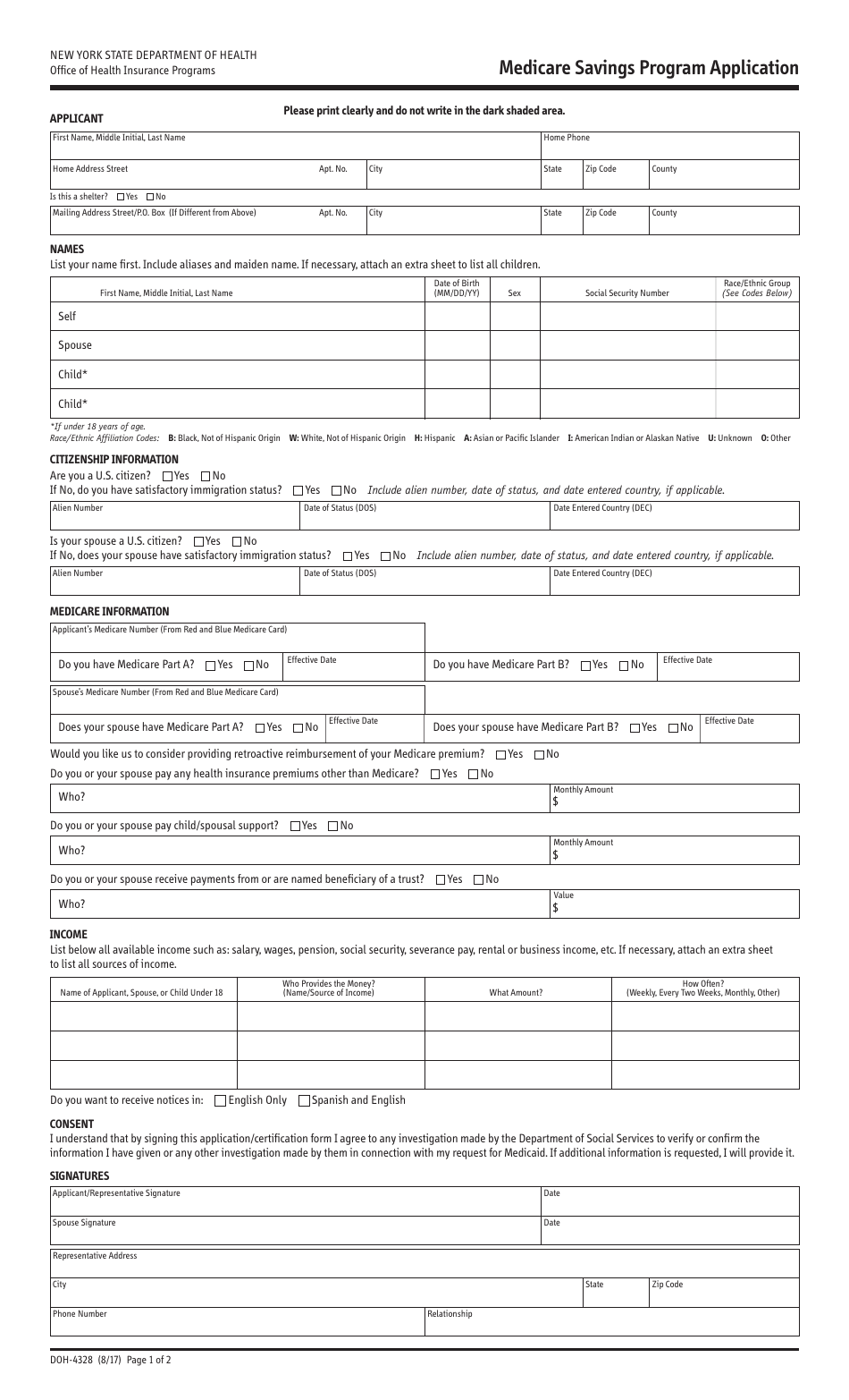 Form DOH-4328 Medicare Savings Program Application - New York, Page 1