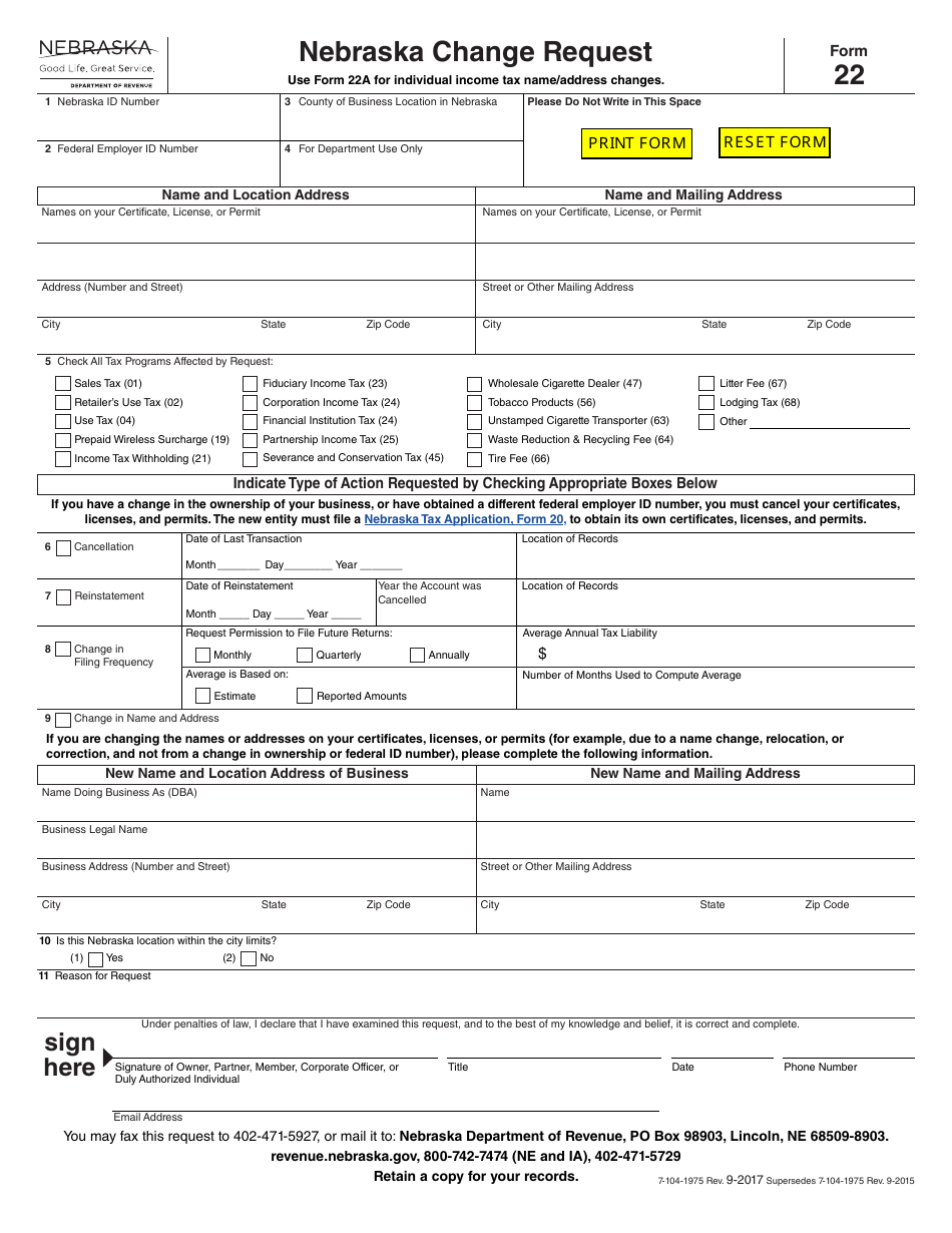 Form 22 Nebraska Change Request - Nebraska, Page 1