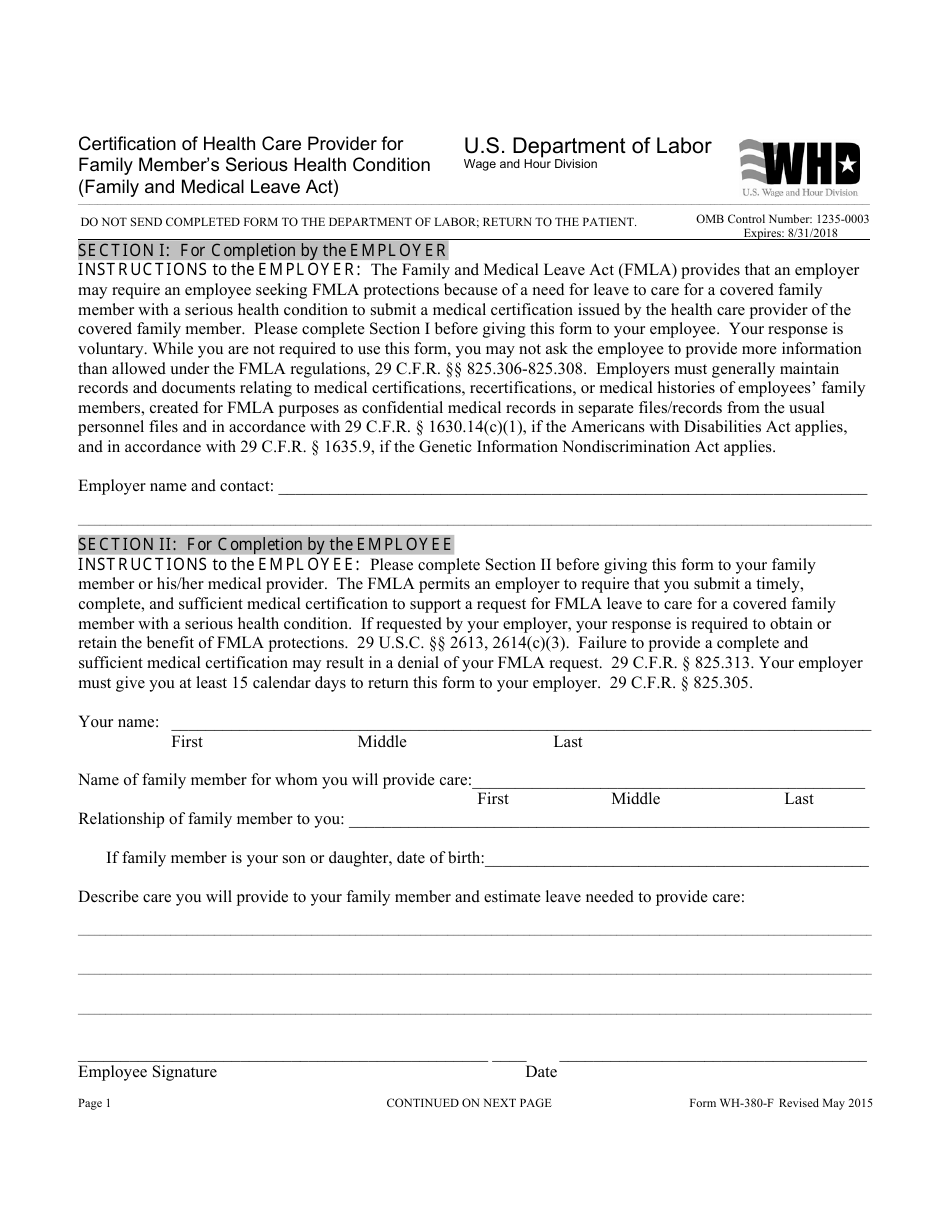 Form WH-380-F Certification of Health Care Provider for Family Members Serious Health Condition (Family and Medical Leave Act), Page 1