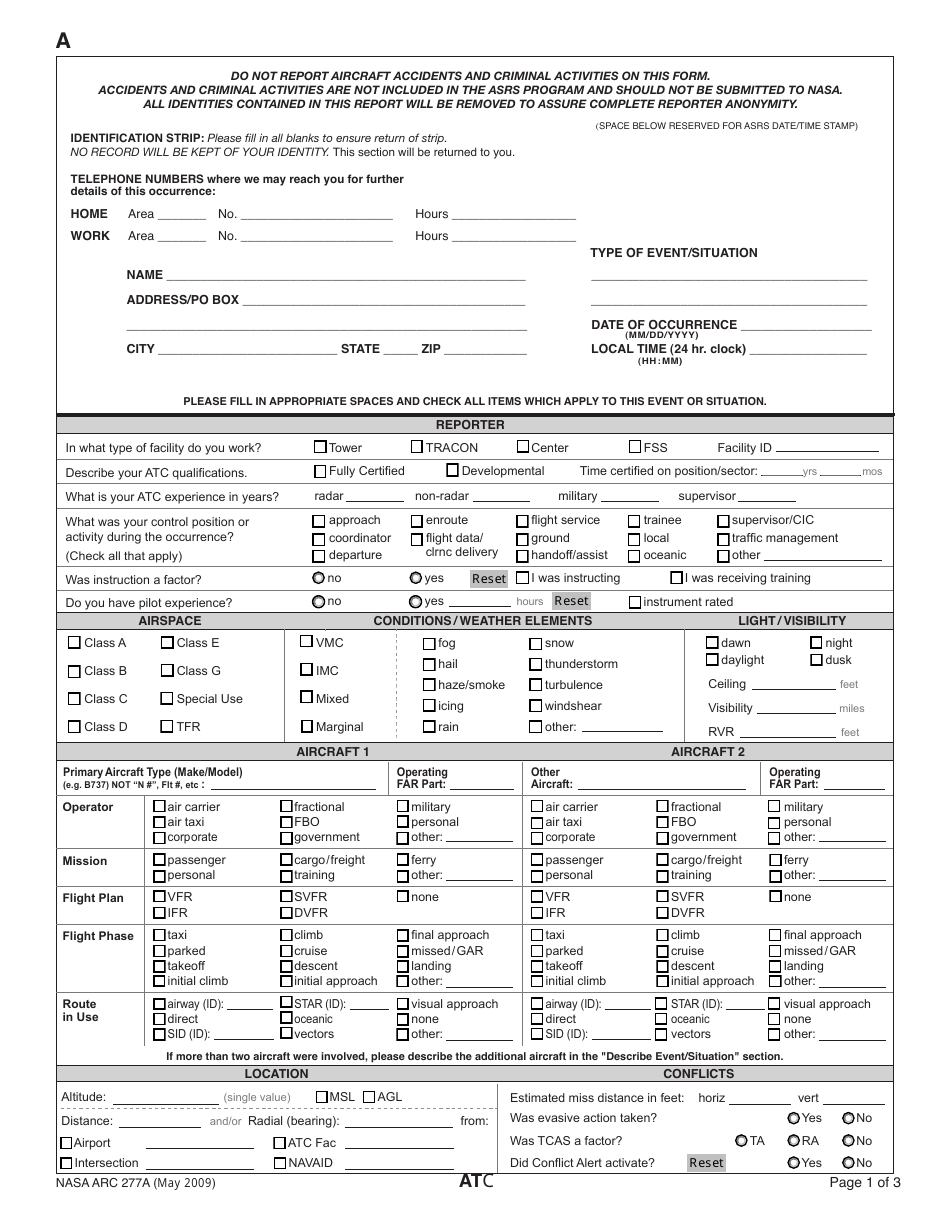 NASA ARC Form 277A Asrs Atc General Report Form, Page 1
