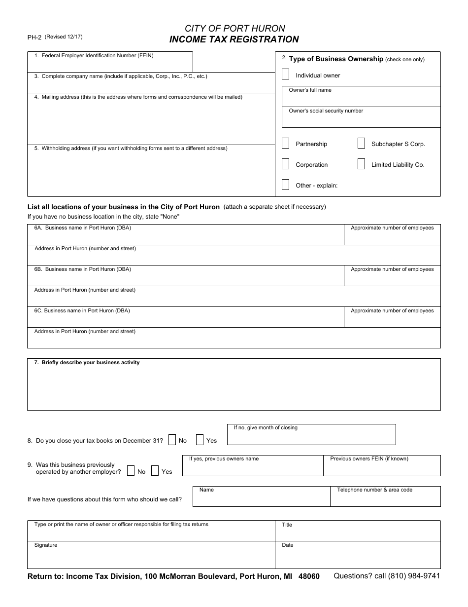 Form PH-2 Income Tax Registration - City of Port Huron, Michigan, Page 1
