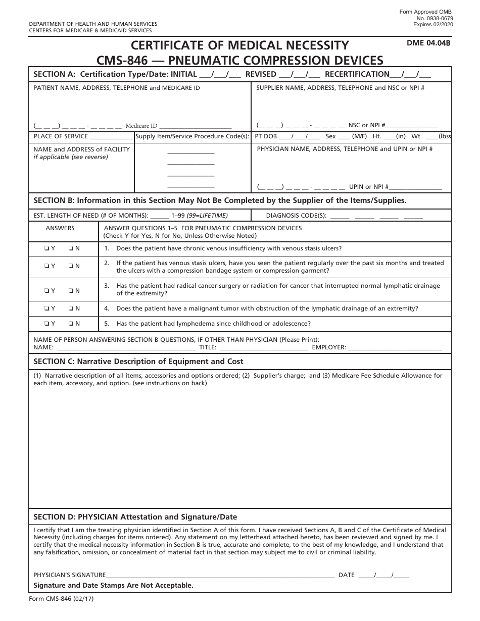 Form CMS-846 Certificate of Medical Necessity  Pneumatic Compression Devices, Page 1
