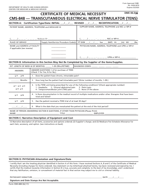 Form Cms 848 Download Printable Pdf Certificate Of Medical Necessity Transcutaneous 7454