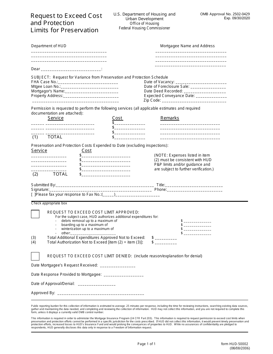 Form HUD-50002 Request to Exceed Cost and Protection Limits for Preservation, Page 1