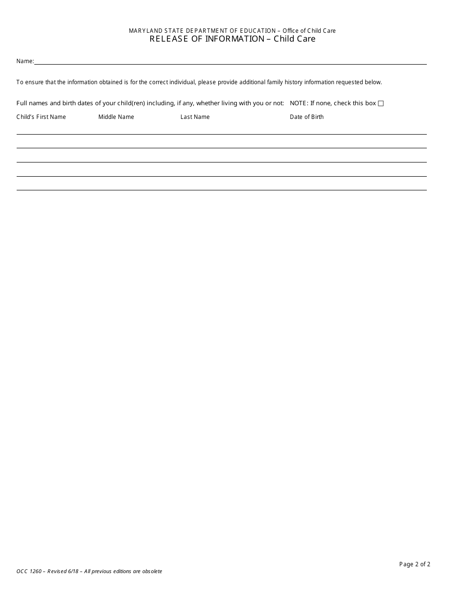 Form OCC1260 Release of Information - Child Care - Maryland, Page 2