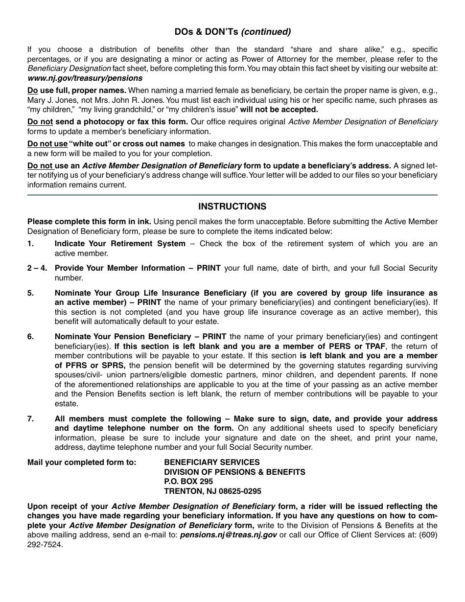 Form EB-0214-01117 Active Member Designation of Beneficiary - New Jersey, Page 2