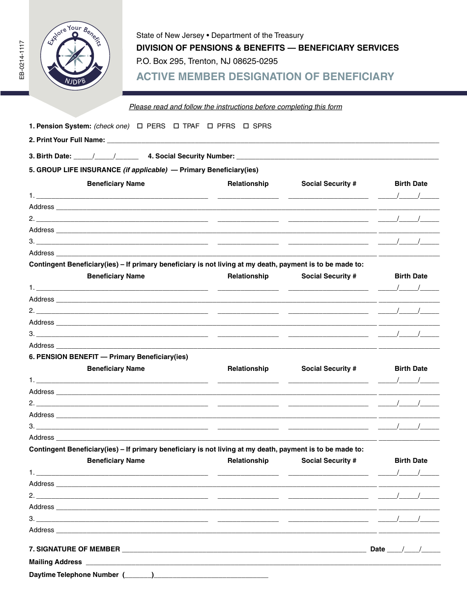 Form EB-0214-01117 Active Member Designation of Beneficiary - New Jersey, Page 3