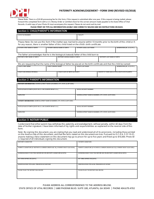 Form 3940 Paternity Acknowledgement - Georgia (United States)