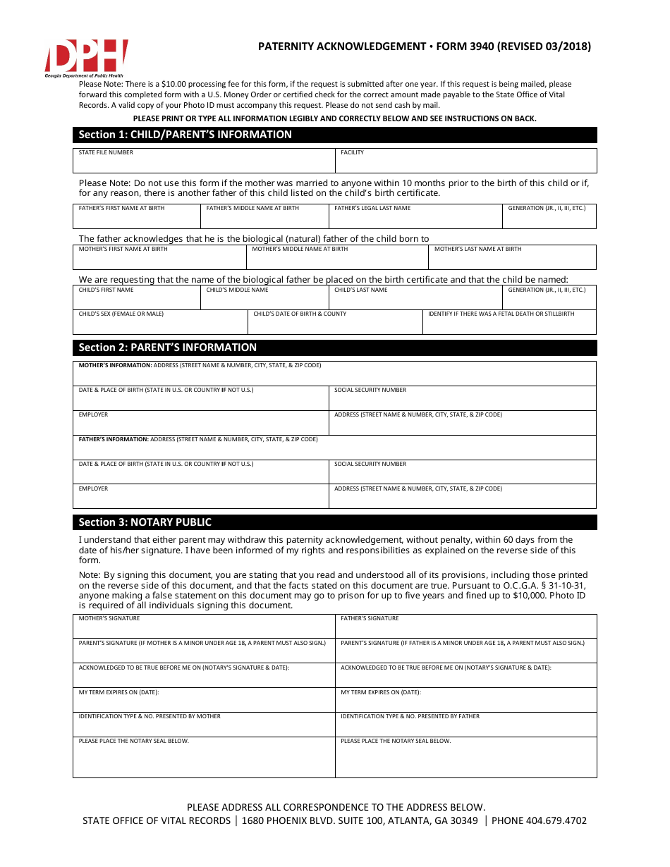 Form 3940 Paternity Acknowledgement - Georgia (United States), Page 1
