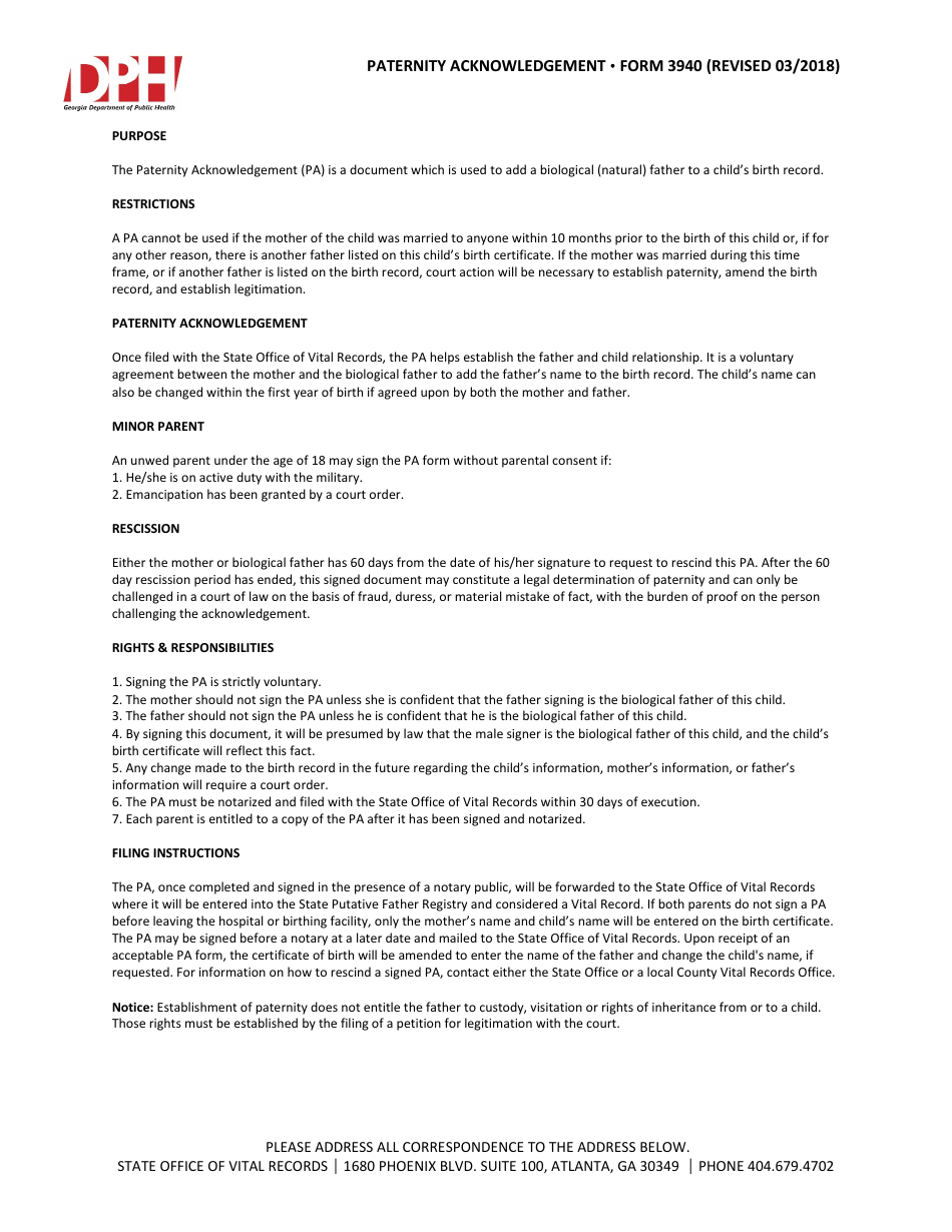 Form 3940 Paternity Acknowledgement - Georgia (United States), Page 2