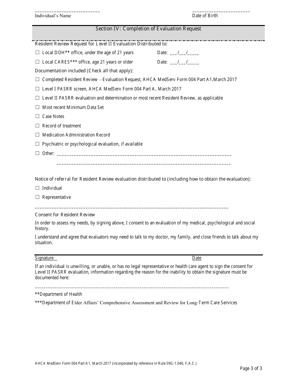 AHCA MedServ Form 004 Part A1 Preadmission Screen and Resident Review (Pasrr) Resident Review - Evaluation Request Form - Florida, Page 6