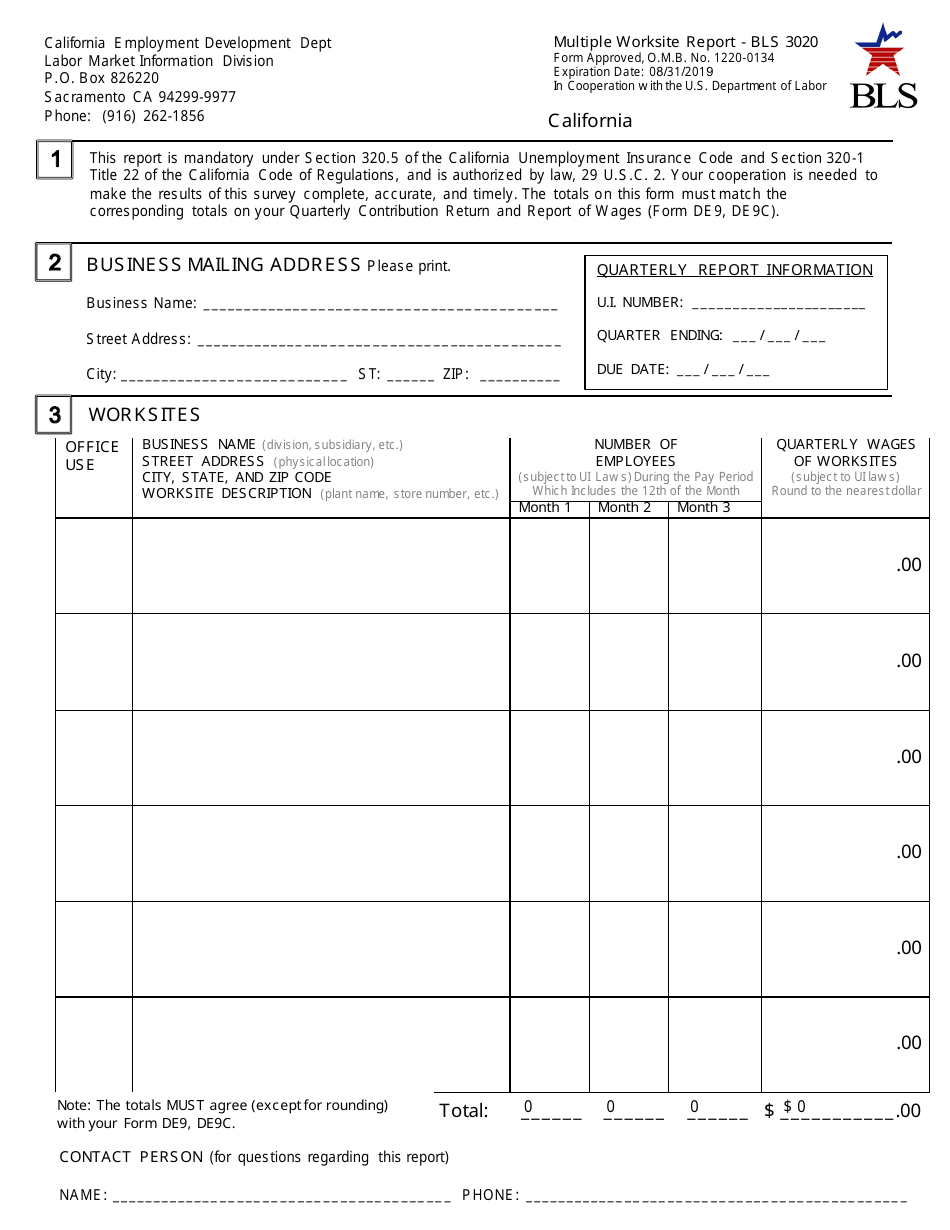 Form BLS3020 Multiple Worksite Report - California, Page 1