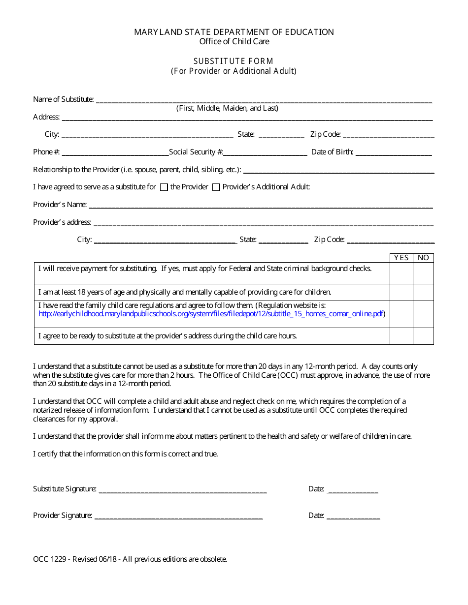 Form OCC1229 Substitute Form (For Provider or Additional Adult) - Maryland, Page 1