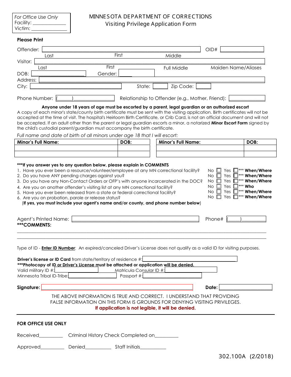 Form 302.100A Visiting Privilege Application Form - Minnesota, Page 2