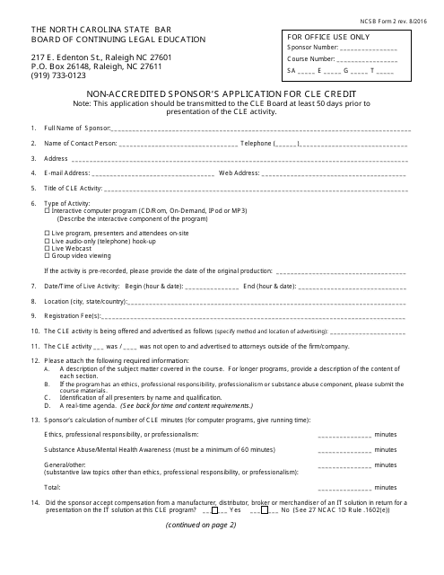Form 2 Non-accredited Sponsor's Application for Cle Credit - North Carolina