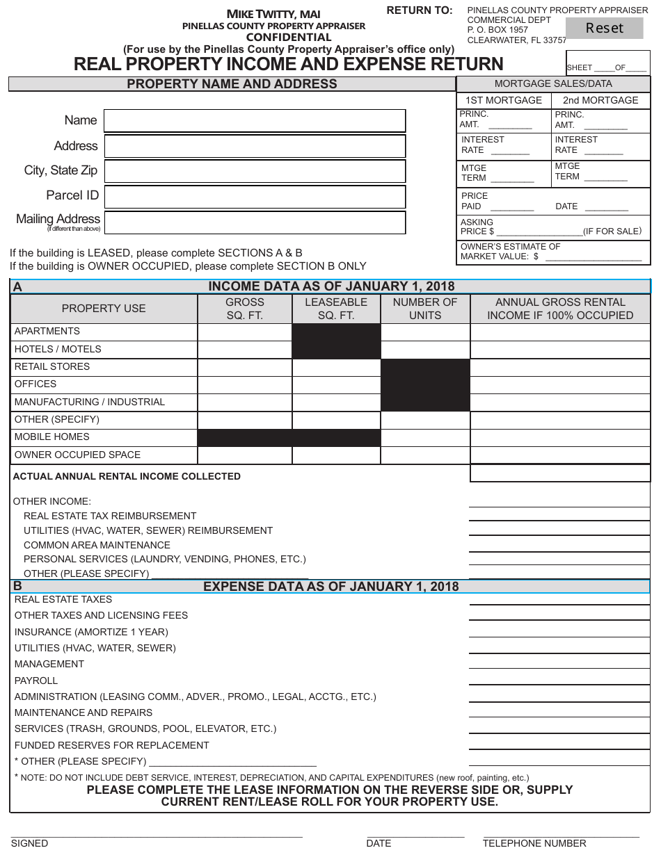 Real Property Income and Expense Return Form - PINELLAS COUNTY, Florida, Page 1