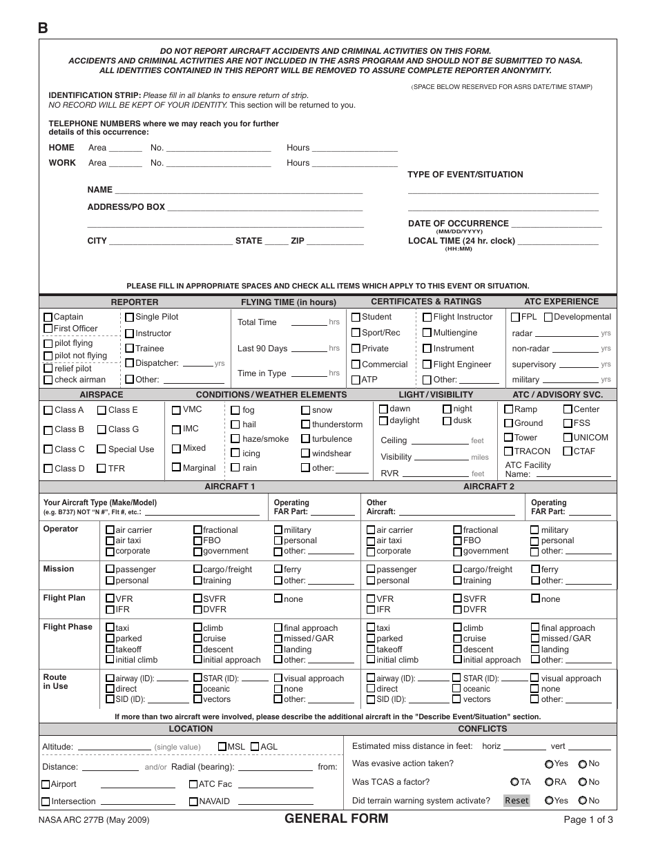 NASA ARC Form 277B General Report Form, Page 1
