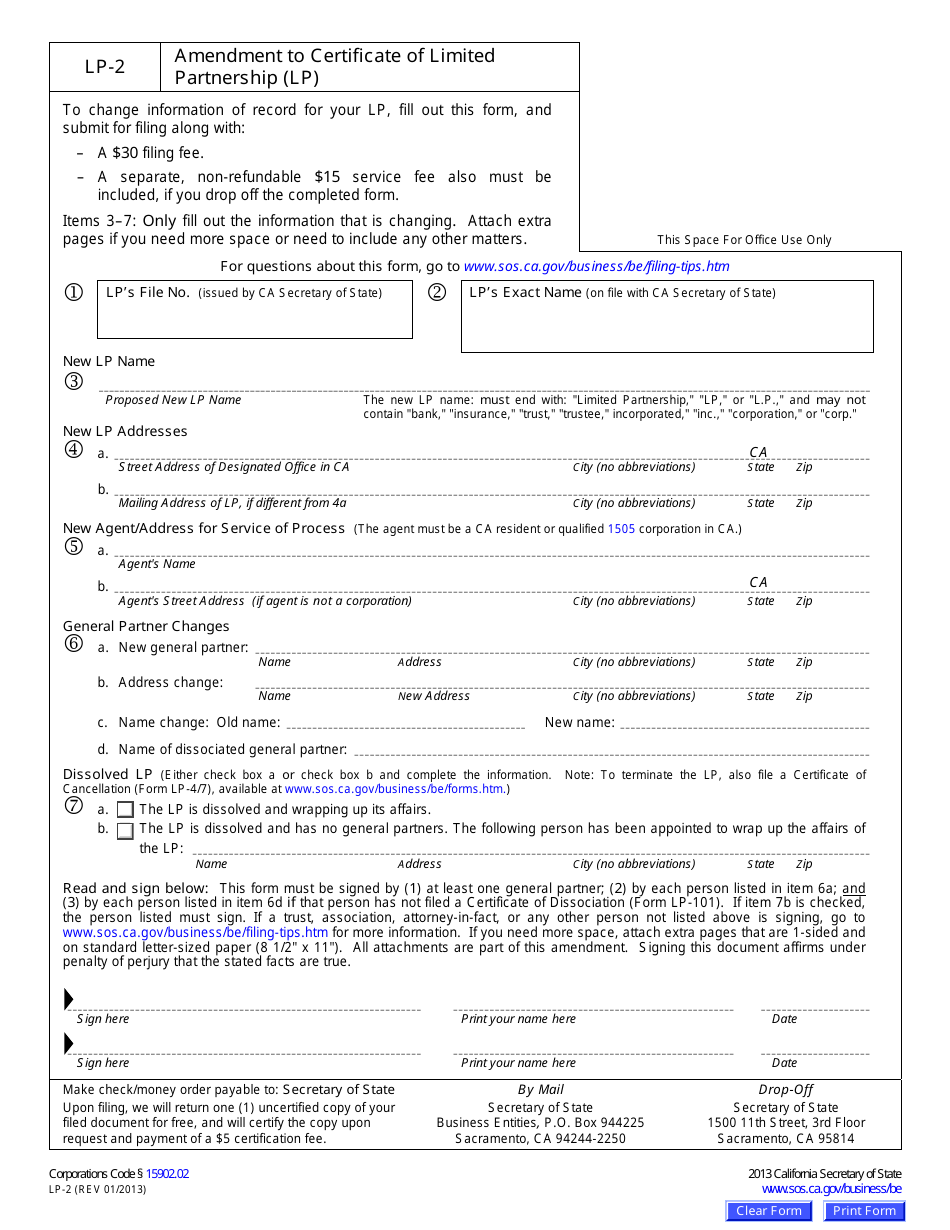 Form LP-2 Amendment to Certificate of Limited Partnership (Lp) - California, Page 1