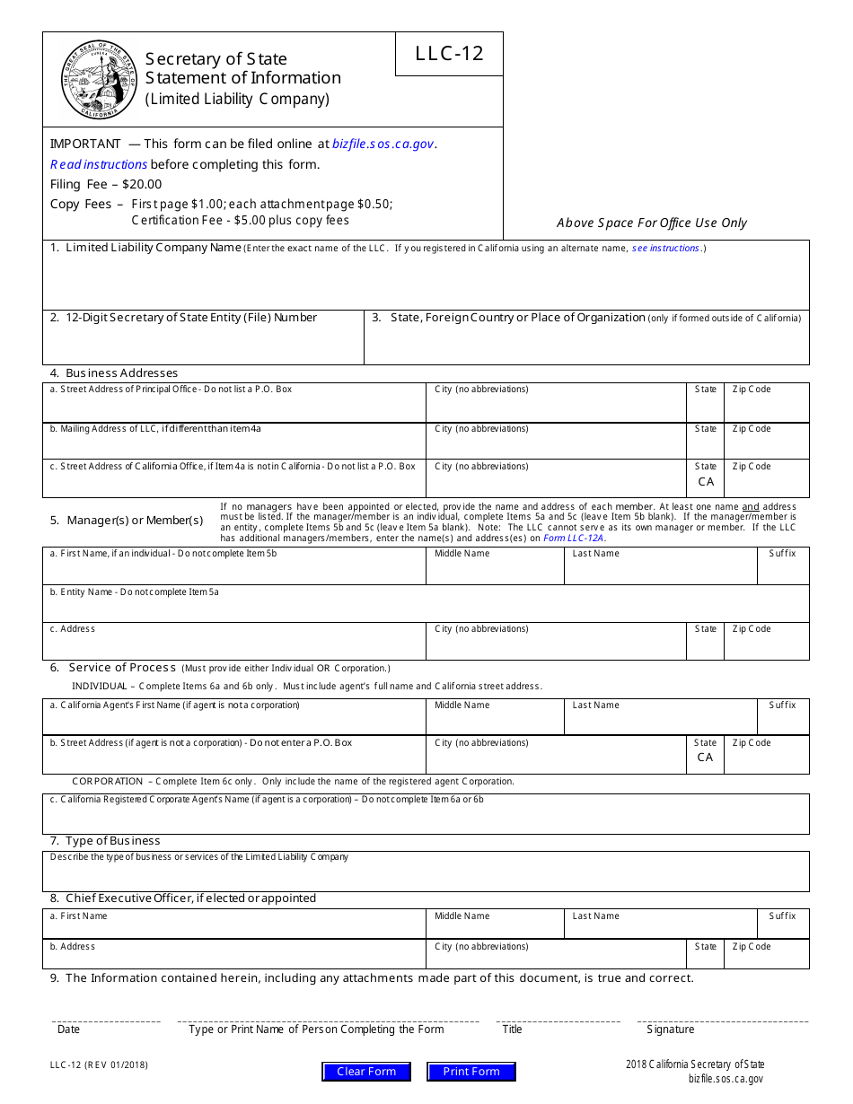 Form LLC-12 - Fill Out, Sign Online and Download Fillable PDF ...