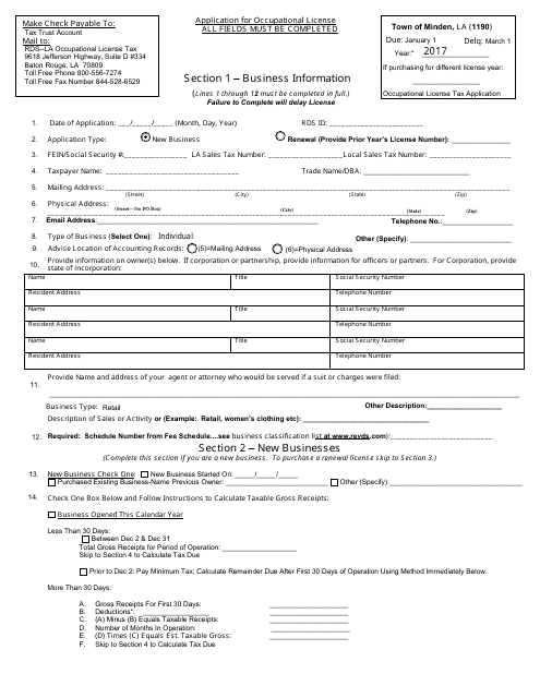 Application for Occupational License - City of Minden, Louisiana Download Pdf