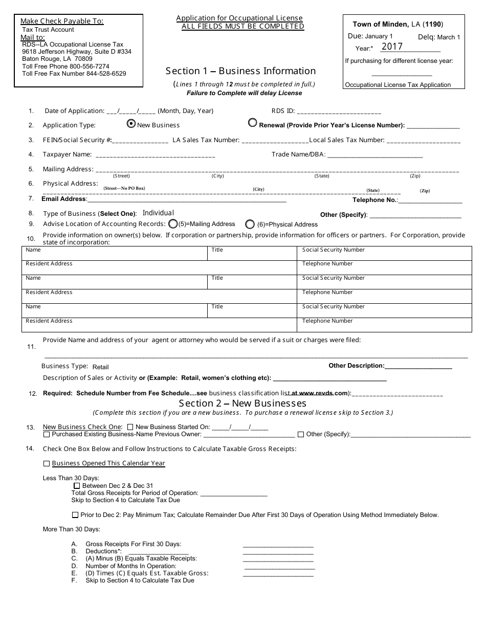 Application for Occupational License - City of Minden, Louisiana, Page 1