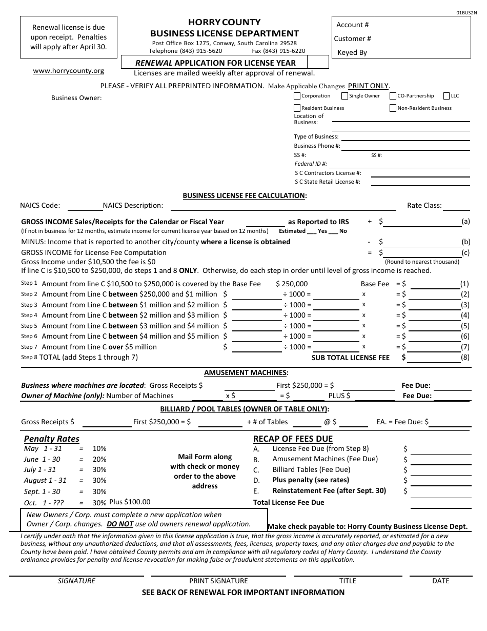 Form 01BUS2N Renewal Application - Horry county, South Carolina, Page 1