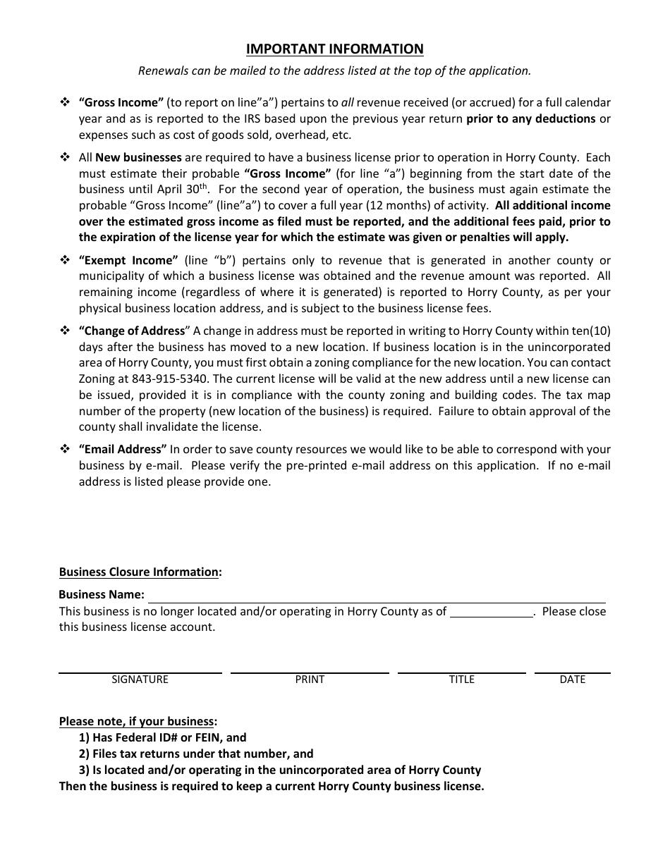 Form 01BUS2N Renewal Application - Horry county, South Carolina, Page 2