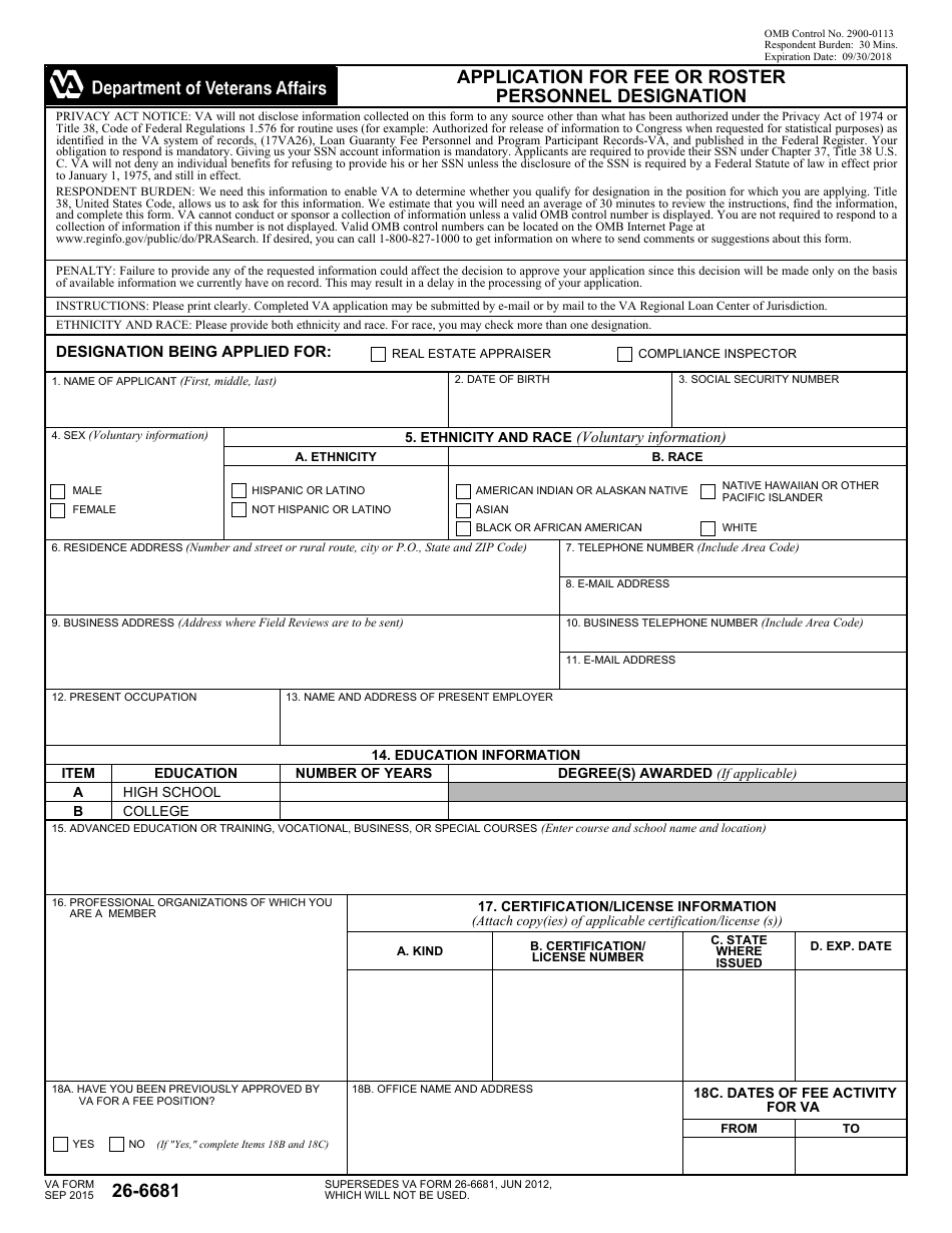 VA Form 26-6681 Application for Fee or Roster Personnel Designation, Page 1