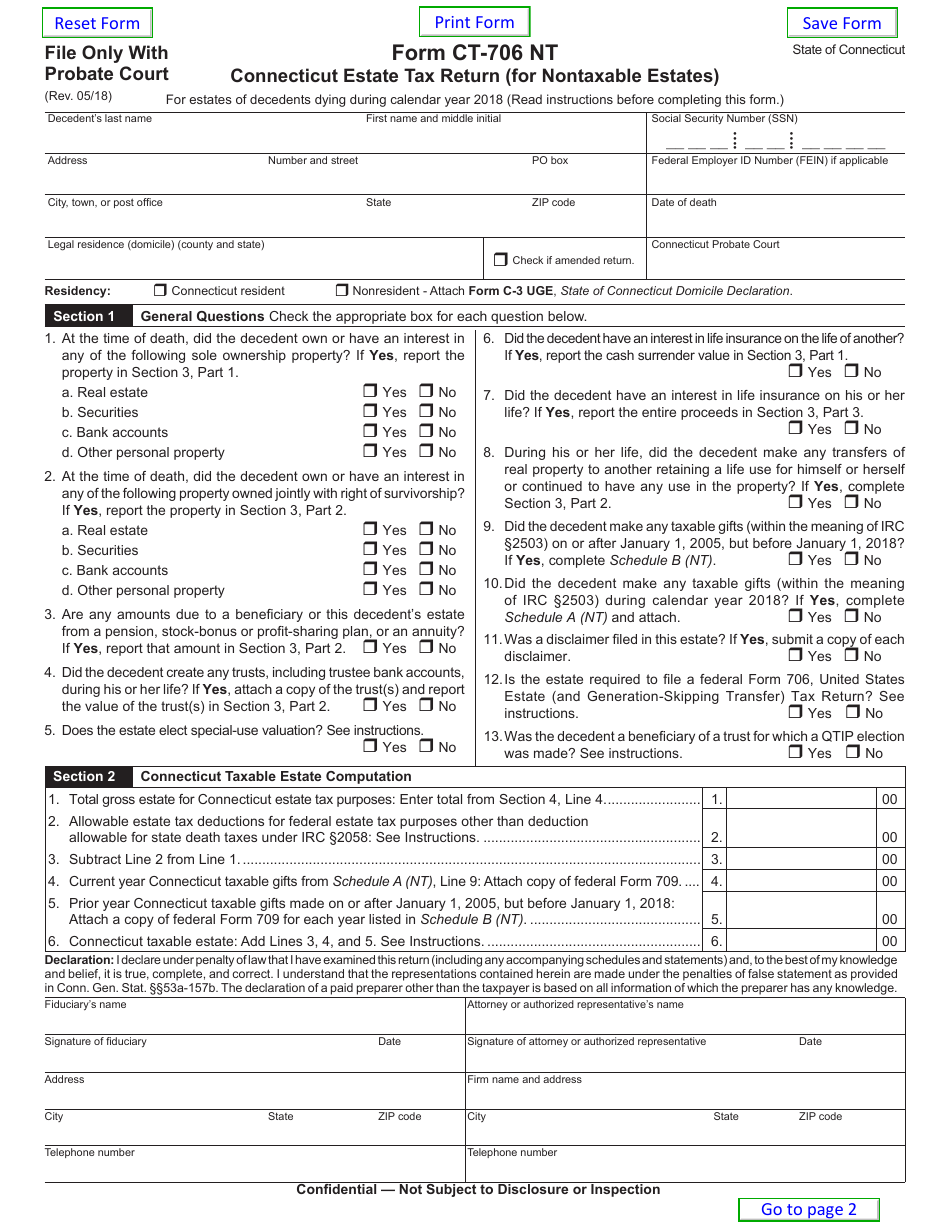 Form CT-706 NT Connecticut Estate Tax Return (For Nontaxable Estates) - Connecticut, Page 1
