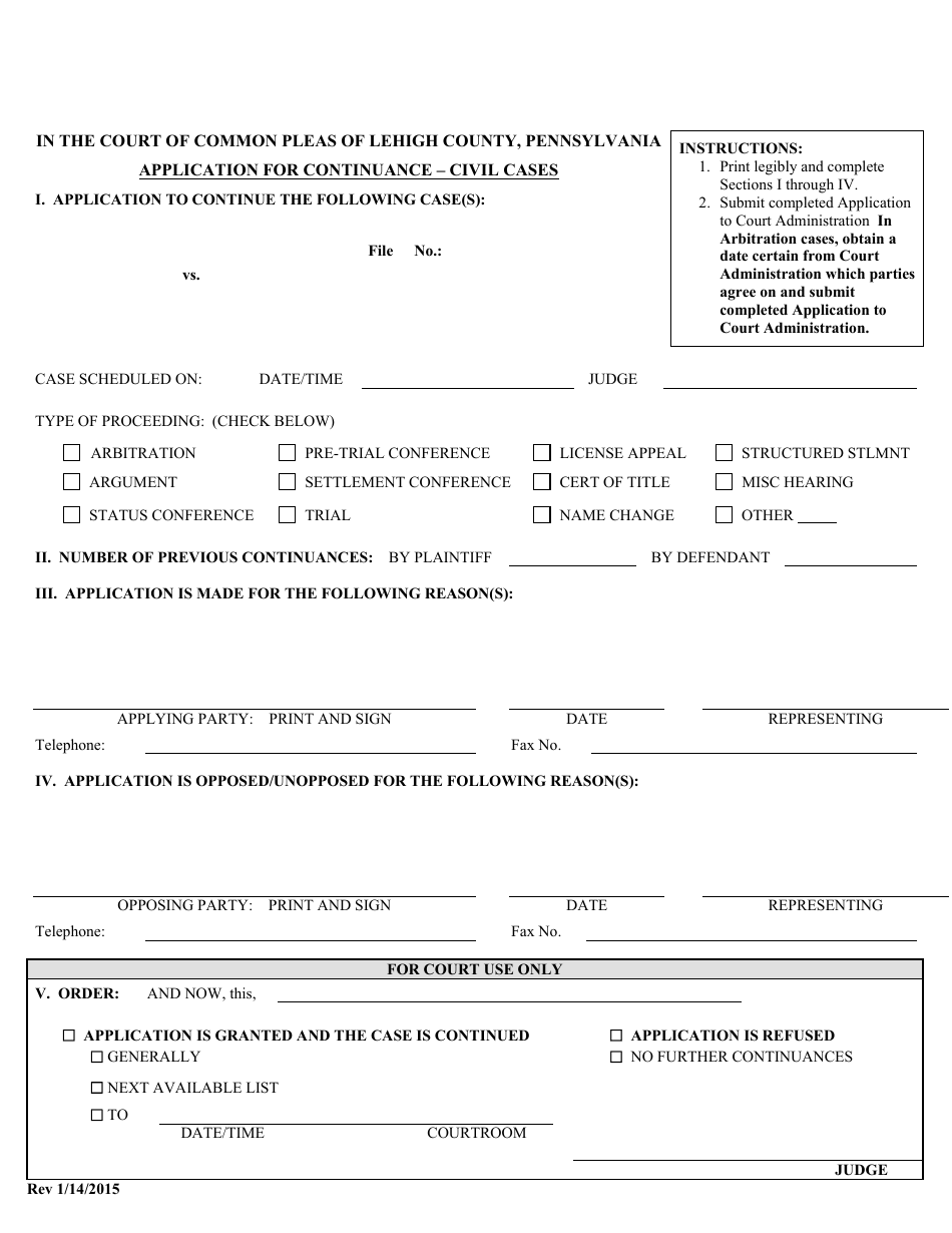 Application for Continuance  Civil Cases - Lehigh county, Pennsylvania, Page 1