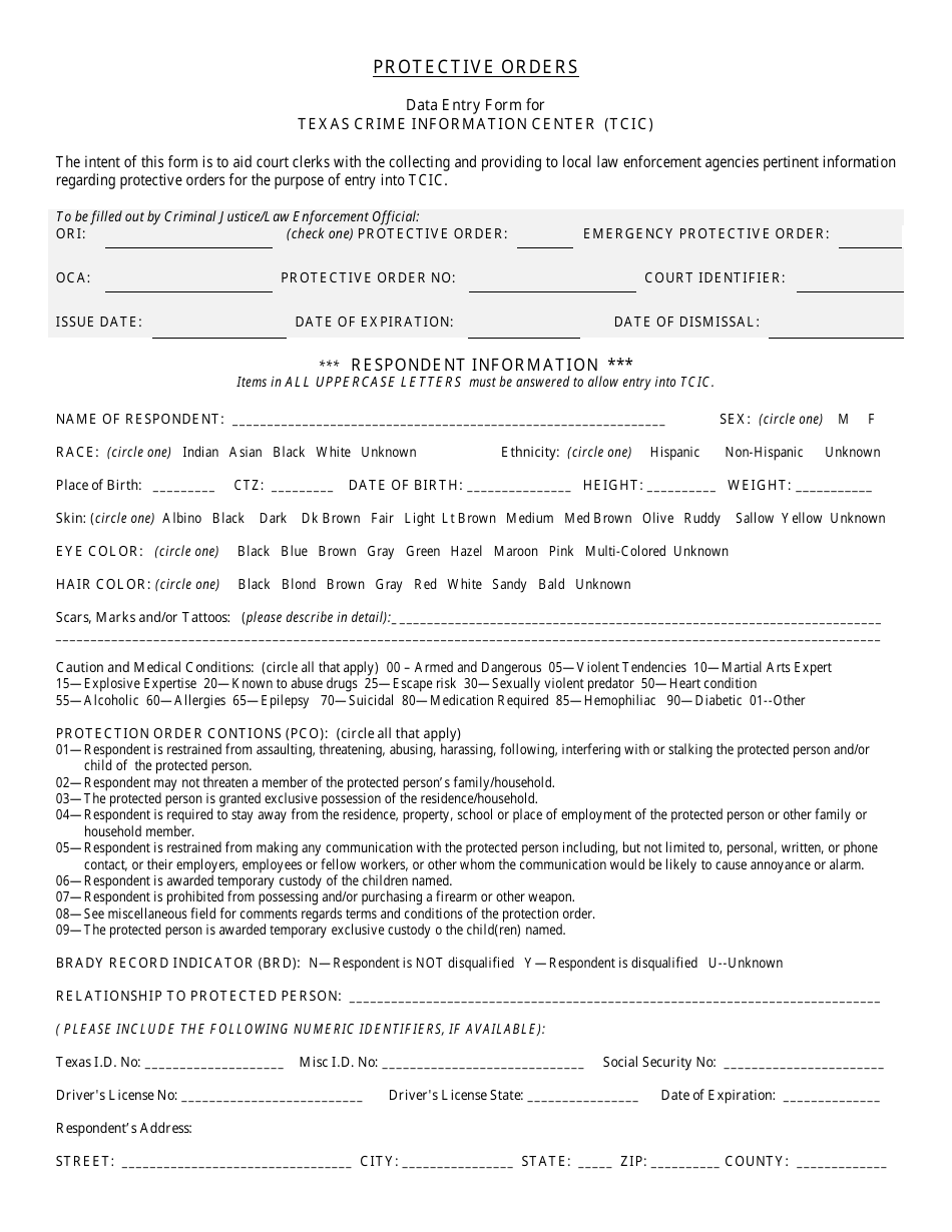 Protective Orders Data Entry Form for Texas Crime Information Center (Tcic) - Texas, Page 1