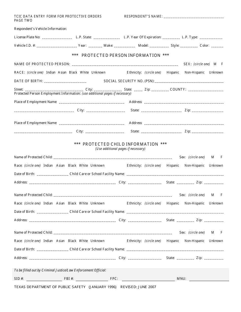 Protective Orders Data Entry Form for Texas Crime Information Center (Tcic) - Texas, Page 2