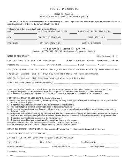 &quot;Protective Orders Data Entry Form for Texas Crime Information Center (Tcic)&quot; - Texas Download Pdf