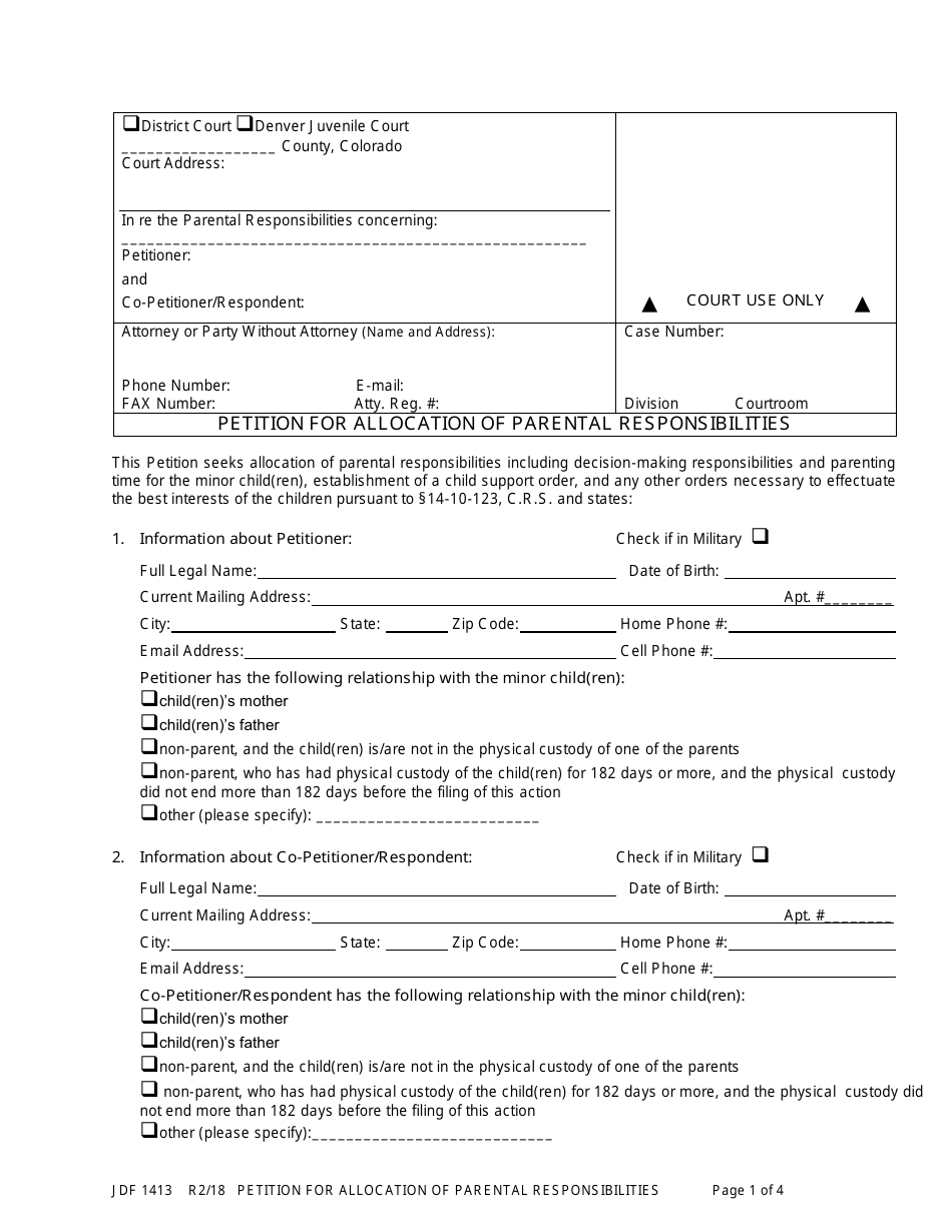 Form JDF1413 Petition for Allocation of Parental Responsibilities - Colorado, Page 1