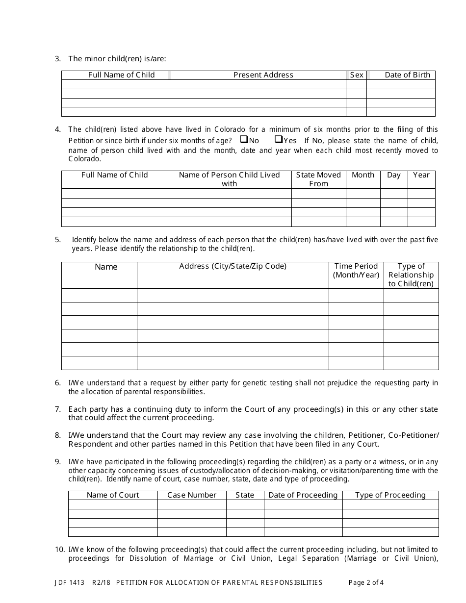 Form JDF1413 Petition for Allocation of Parental Responsibilities - Colorado, Page 2