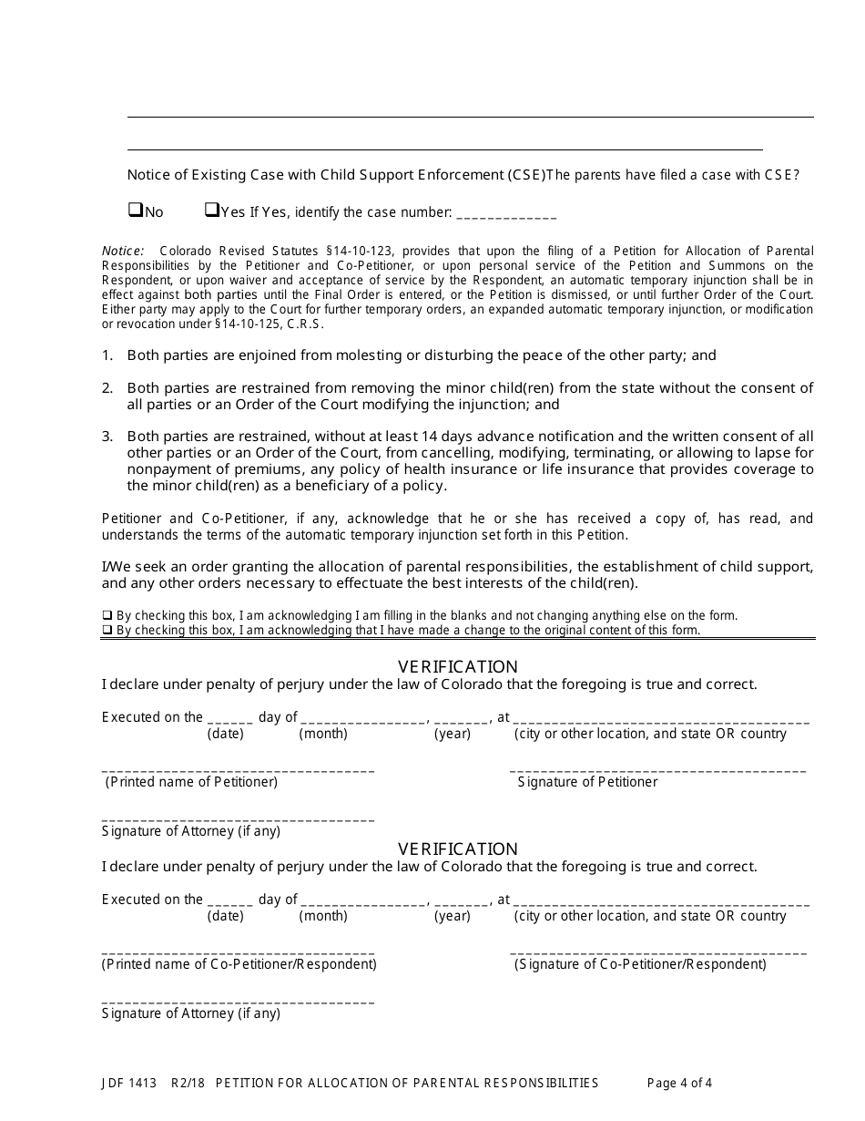 Form JDF1413 Petition for Allocation of Parental Responsibilities - Colorado, Page 4