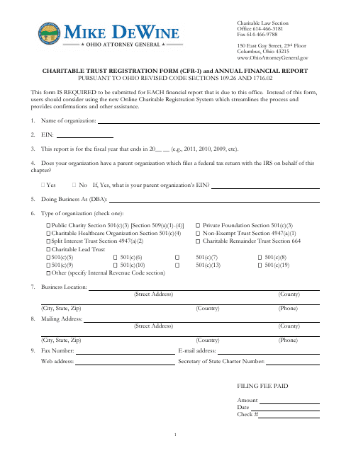 Form CFR-1 Charitable Trust Registration Form and Annual Financial Report - Ohio