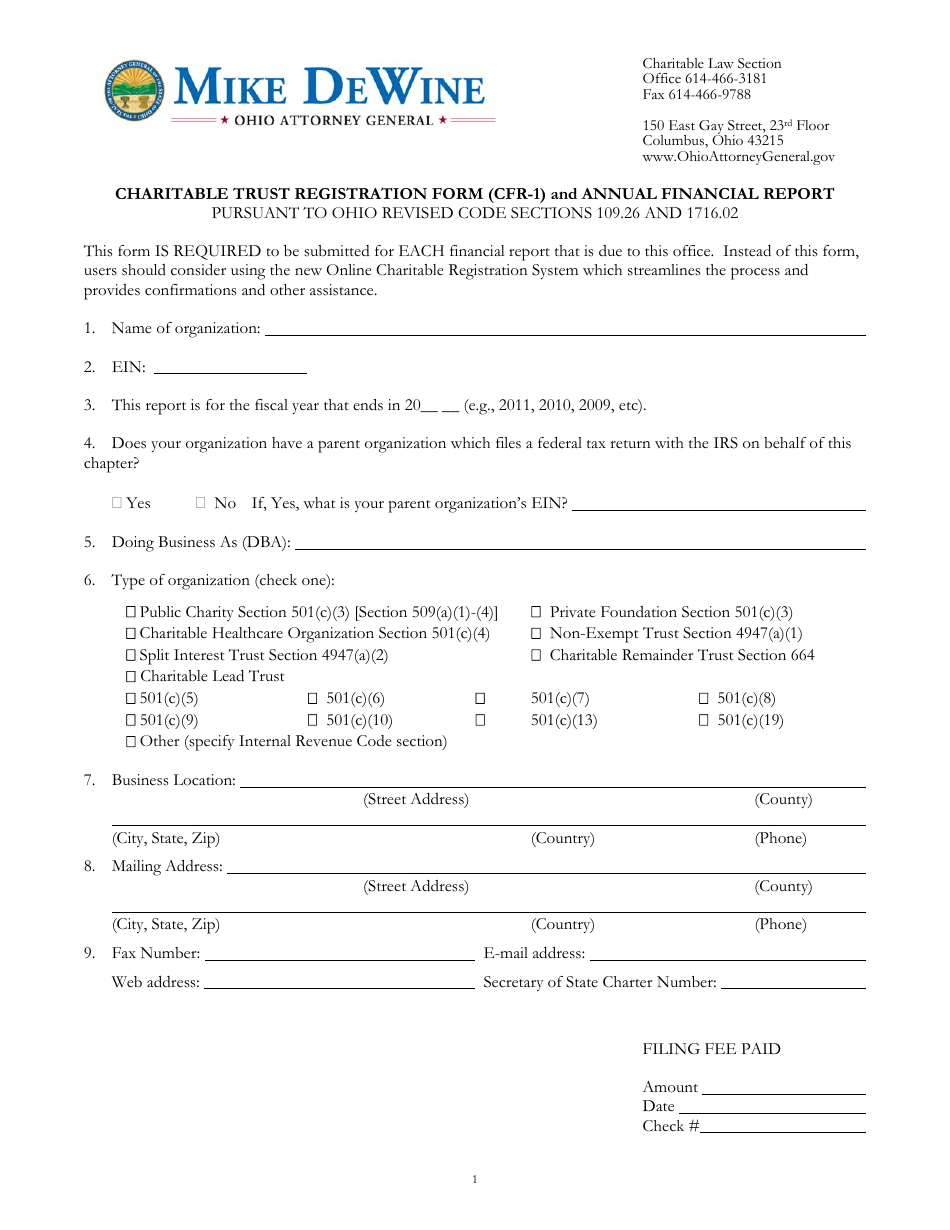 Form CFR-1 Charitable Trust Registration Form and Annual Financial Report - Ohio, Page 1