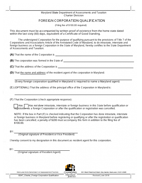 Foreign Corporation Qualification Form - Maryland
