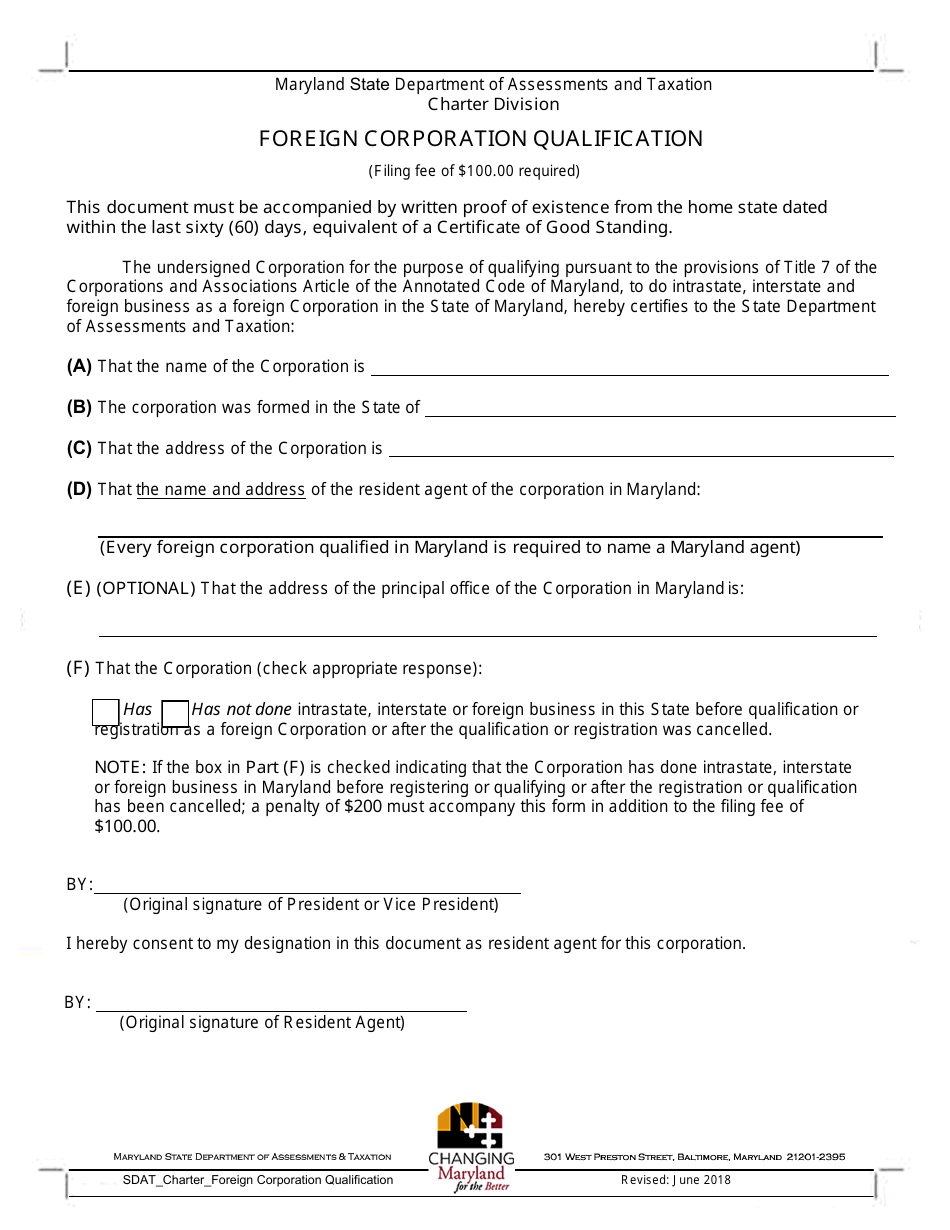 Foreign Corporation Qualification Form - Maryland, Page 1
