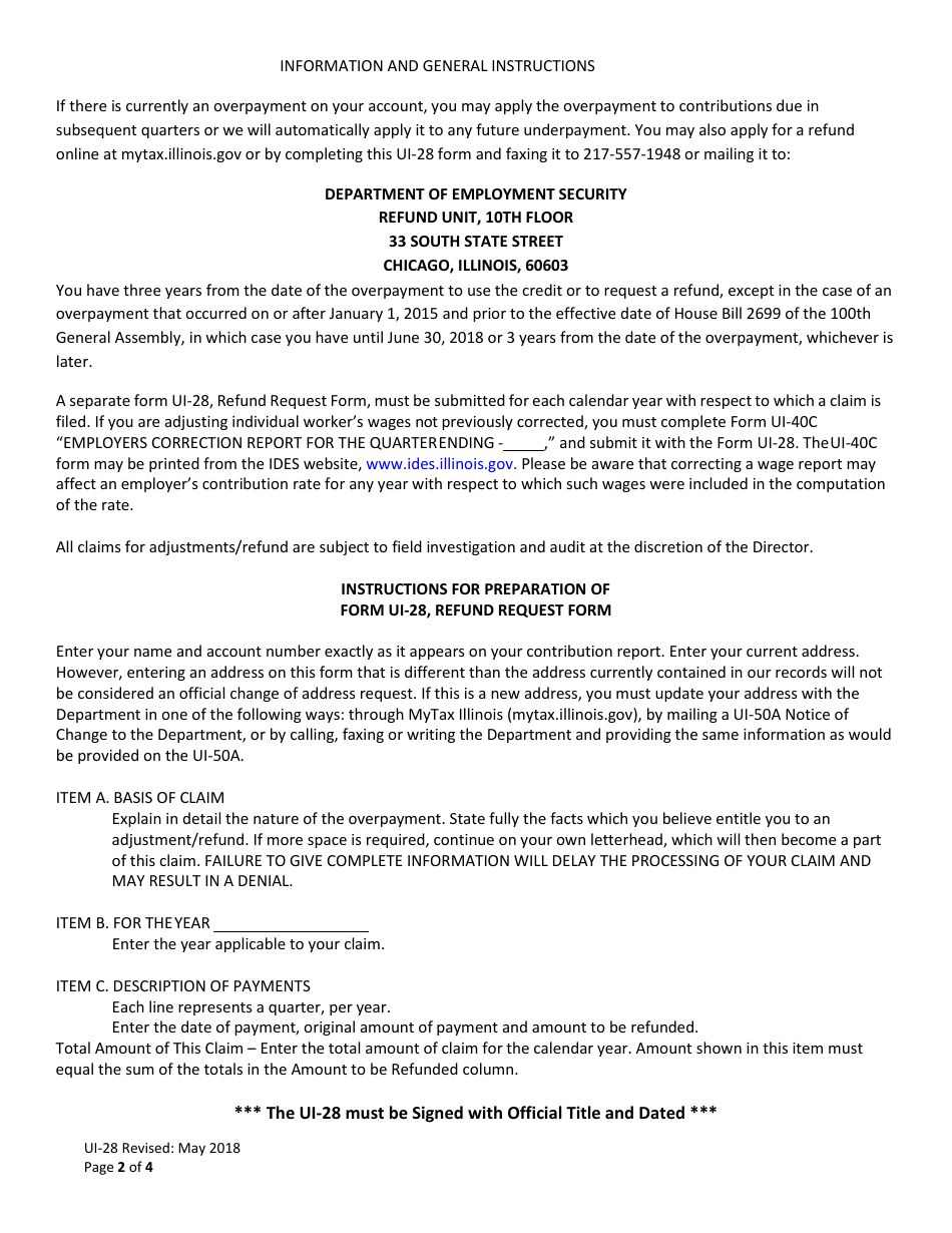 Form UI-28 Refund Request Form - Illinois, Page 2