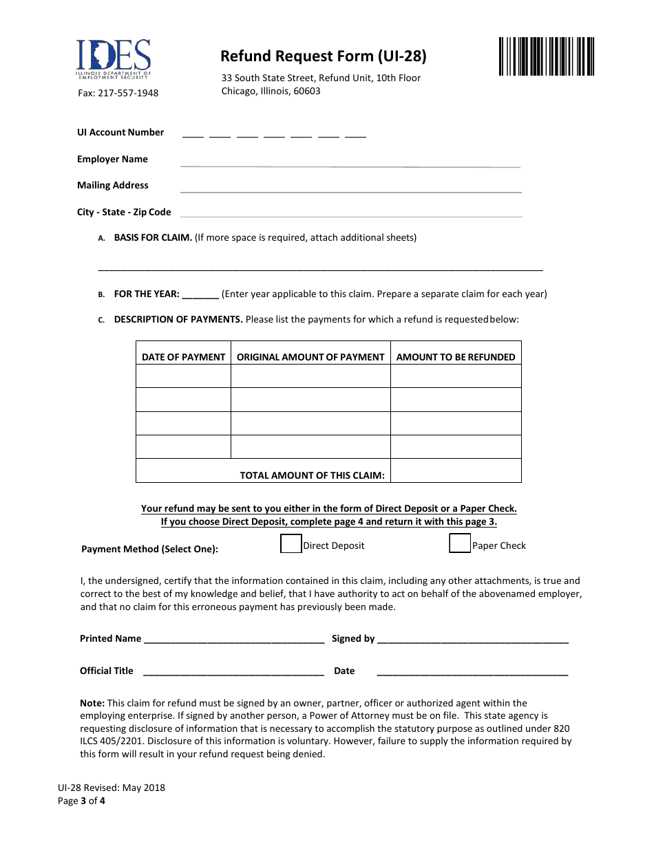 Form UI-28 Refund Request Form - Illinois, Page 3