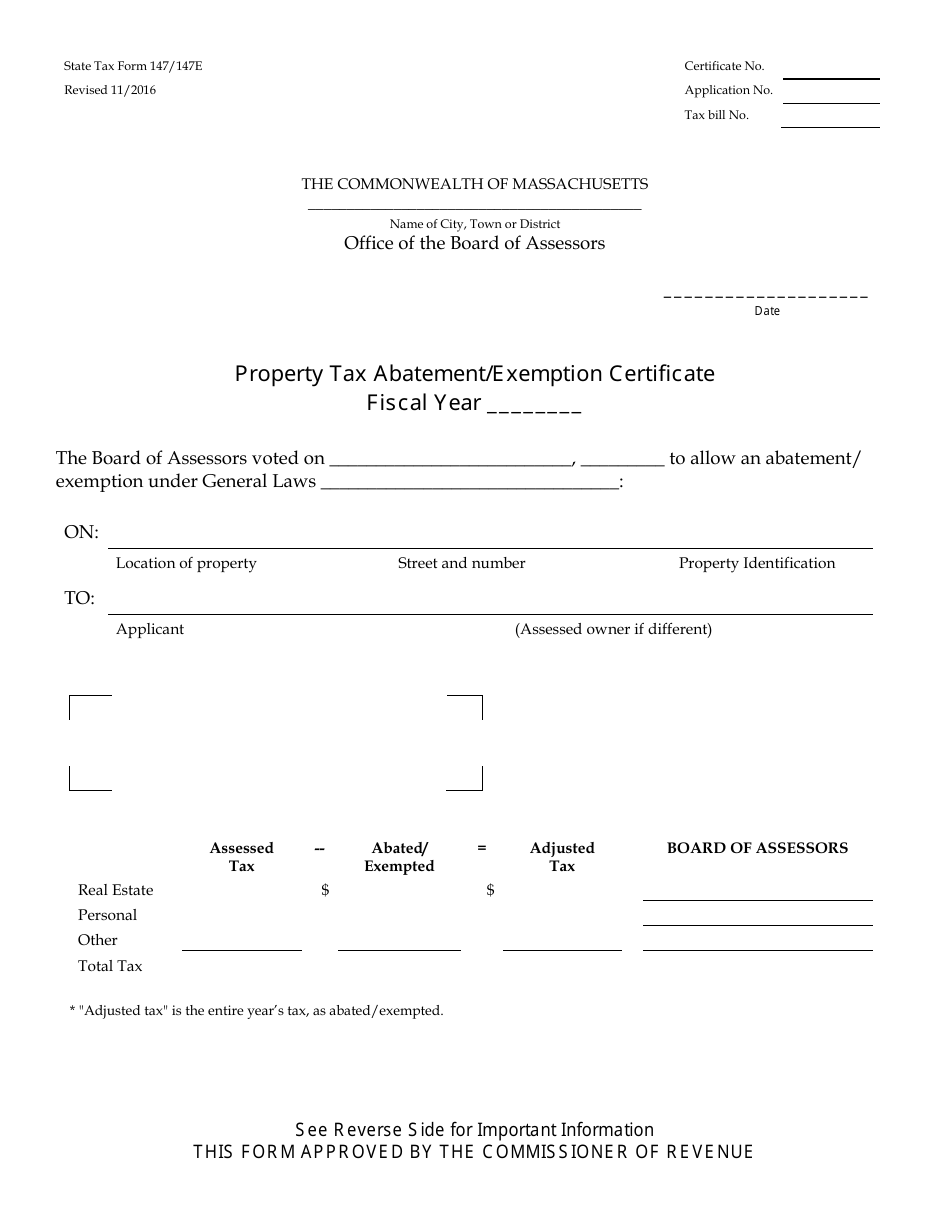 State Form 147 / 147E Property Tax Abatement / Exemption Certificate - Massachusetts, Page 1