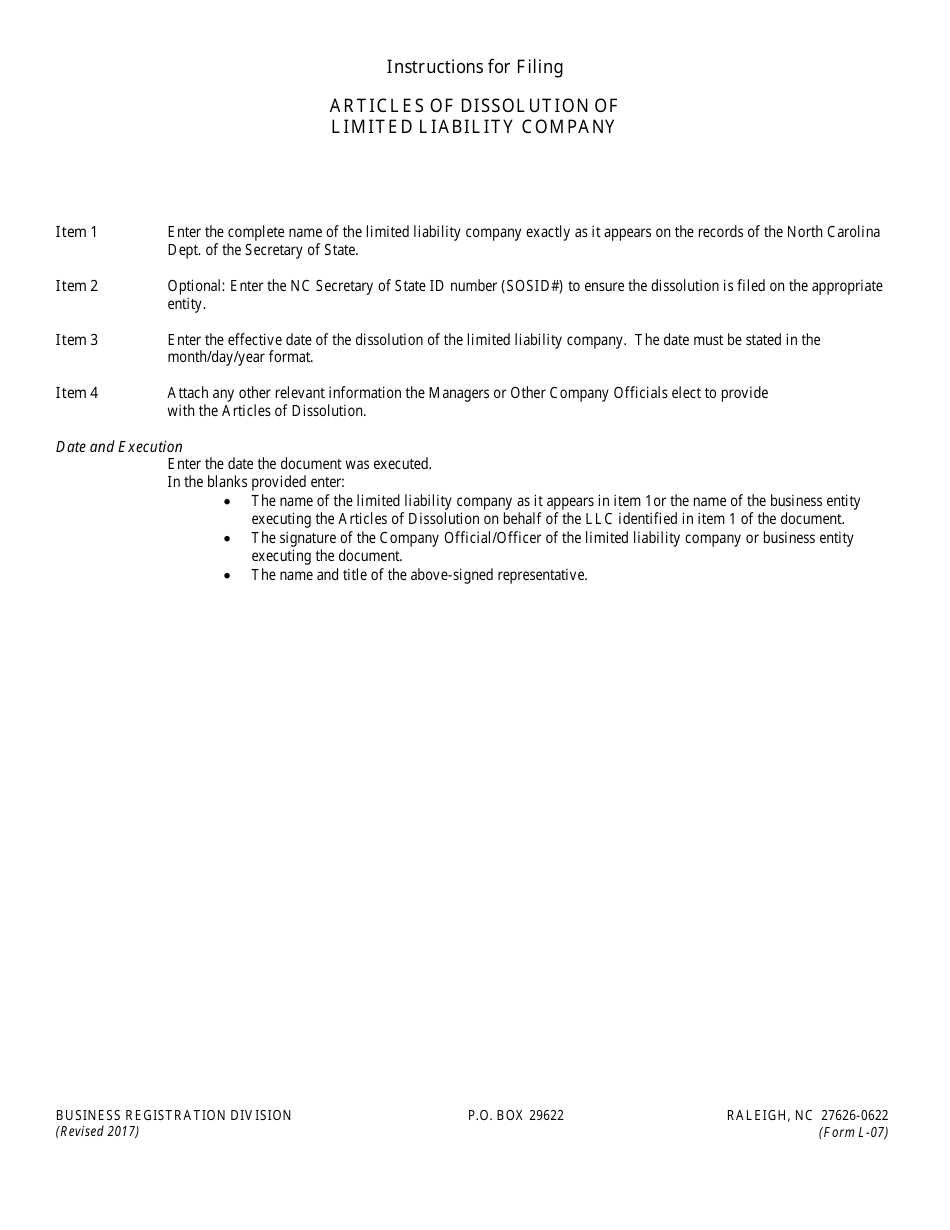 Form L-07 Articles of Dissolution of Limited Liability Company - North Carolina, Page 1